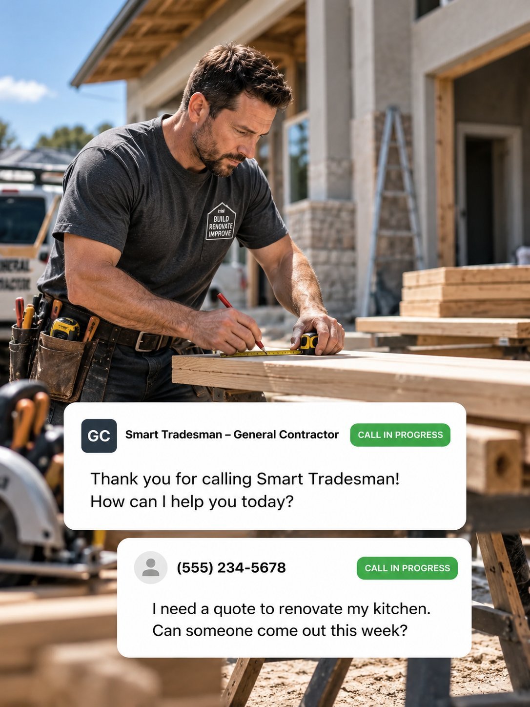 General contractor on a job site with an automated call answering system in progress
